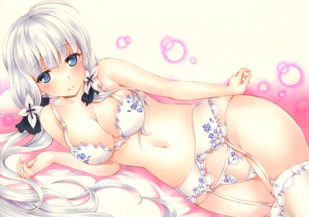 anthropomorphism azur lane blue eyes blush bra breasts garter belt gray hair illustrious (azur lane) long hair navel panties stockings thighhighs underwear yoruoujito-tsukinohime