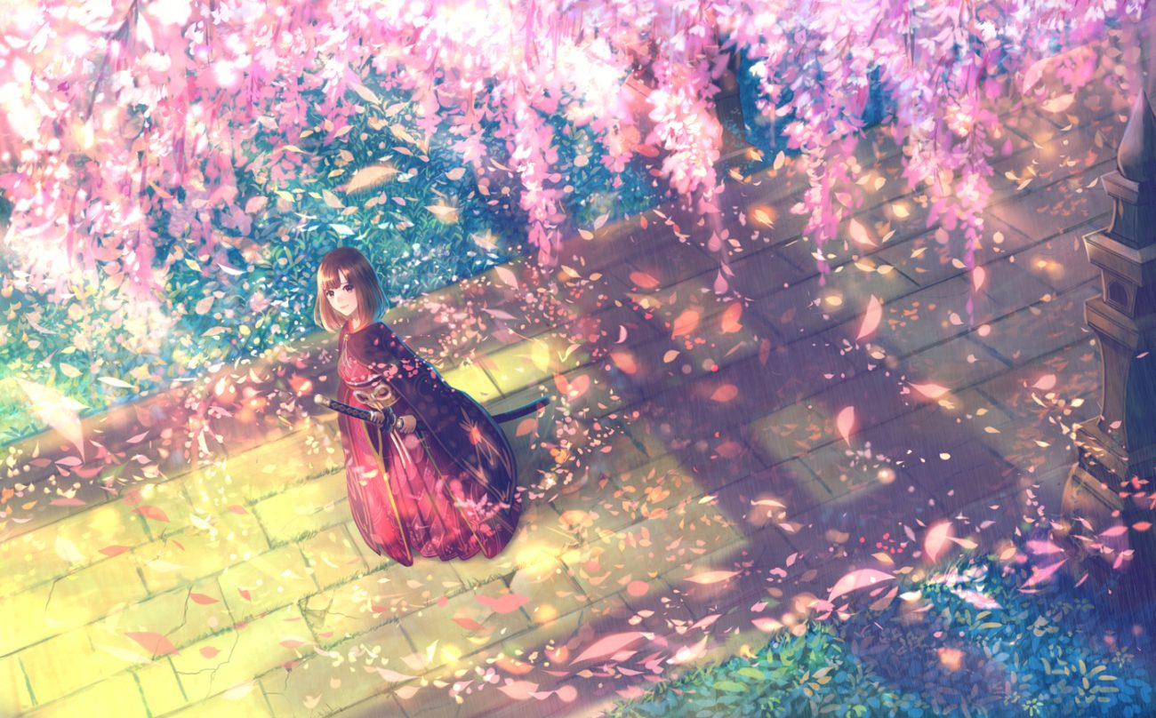 bou nin brown eyes brown hair cape cherry blossoms flowers japanese clothes katana original petals scenic short hair sword weapon