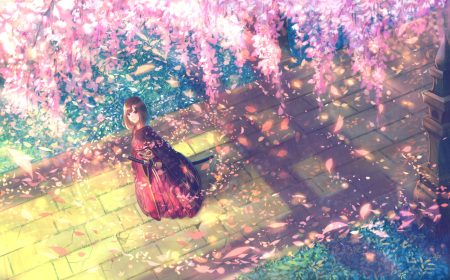 bou nin brown eyes brown hair cape cherry blossoms flowers japanese clothes katana original petals scenic short hair sword weapon