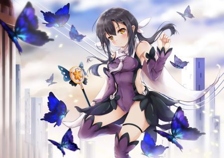 black hair blush bodysuit breasts butterfly fate/kaleid liner prisma illya fate (series) garter long hair miyu edelfelt mutang orange eyes skintight thighhighs wand