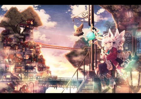 2girls animal ears blue eyes boots building city clouds glasses long hair misaki yuu original scenic short hair shorts sky staff thighhighs white hair yellow eyes