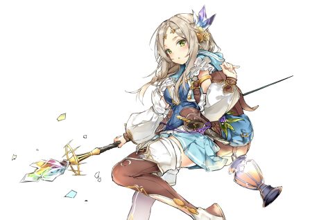atelier atelier firis blush boots brown hair firis mistlud green eyes kuran (yourcatissick) long hair skirt staff thighhighs