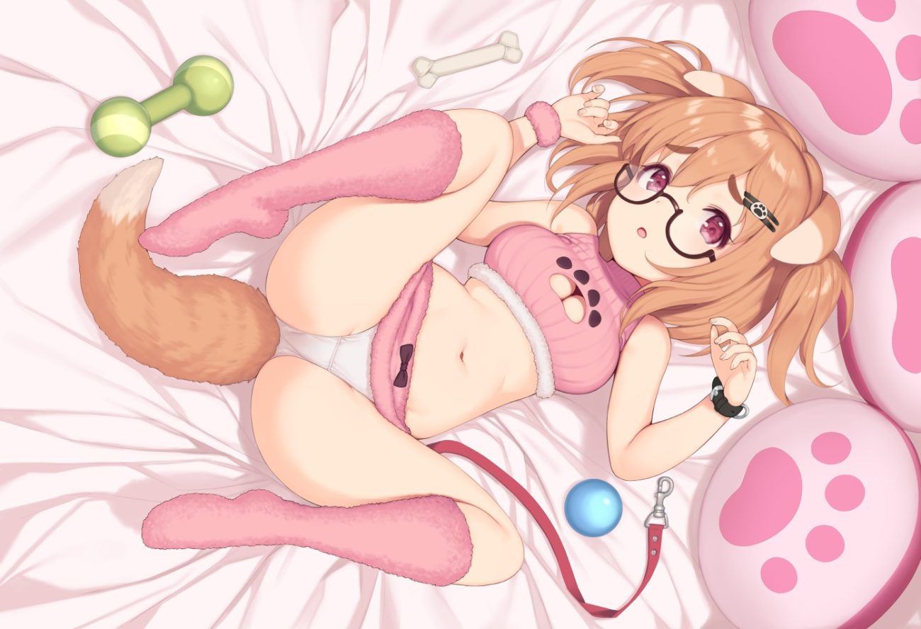 animal ears ball bed bones breasts brown hair cleavage doggirl glasses kneehighs navel original panties pink eyes pokachu short hair skirt spread legs tail twintails underwear wristwear
