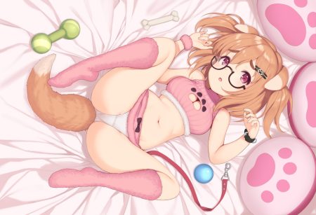 animal ears ball bed bones breasts brown hair cleavage doggirl glasses kneehighs navel original panties pink eyes pokachu short hair skirt spread legs tail twintails underwear wristwear