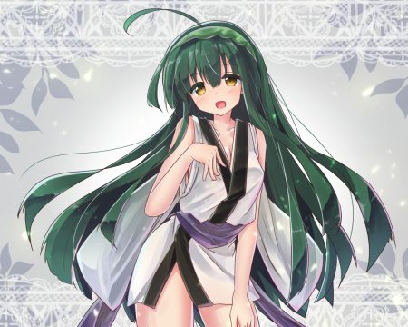 breast hold green hair headband japanese clothes long hair ryougo touhoku zunko voiceroid yellow eyes yukata