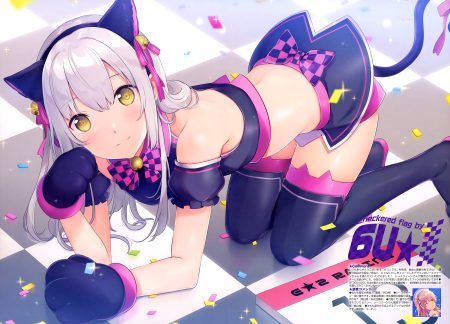 6u (eternal land) animal ears bell blush bow catgirl gloves gray hair headband long hair ribbons scan skirt tail thighhighs yellow eyes