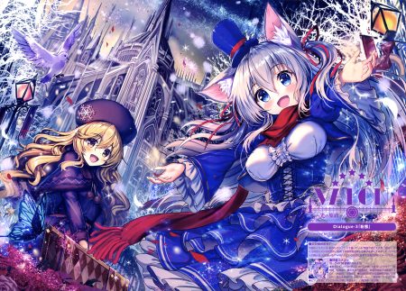 2girls akabane (zebrasmise) animal animal ears bird blonde hair blue eyes blush breasts dress gray hair hat long hair petals pink eyes ribbons scan scarf snow