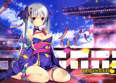 barefoot breasts clouds gray hair japanese clothes long hair nopan pink eyes refeia sky twintails watermark yukata