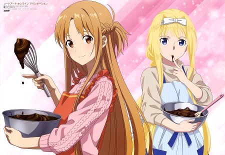 2girls alice zuberg apron aqua inc. blonde hair blue eyes bow braids brown eyes brown hair candy chocolate long hair scan sword art online sword art online alicization yuuki asuna