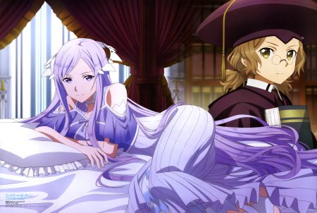 2girls aqua inc. bed book brown eyes brown hair cardinal glasses hat long hair purple eyes purple hair quinella scan short hair sword art online sword art online alicization