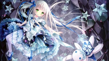alice in wonderland cropped dress green eyes loli lolita fashion long hair pantyhose ribbons scan see through tinkle twintails white hair