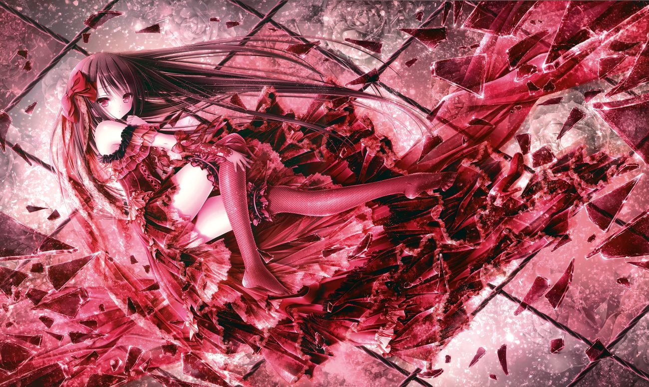 brown hair dress lolita fashion long hair panties polychromatic red red eyes ribbons scan see through thighhighs tinkle underwear
