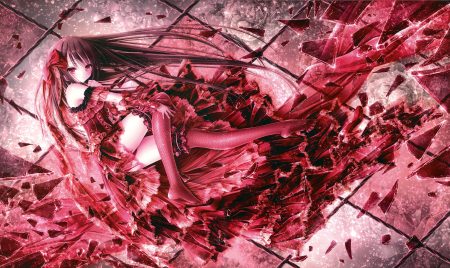 brown hair dress lolita fashion long hair panties polychromatic red red eyes ribbons scan see through thighhighs tinkle underwear