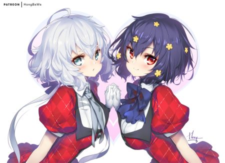 2girls black hair blush bow gloves gray hair green eyes hong (white spider) konno junko long hair mizuno ai red eyes short hair signed tie uniform waifu2x watermark zombie land saga