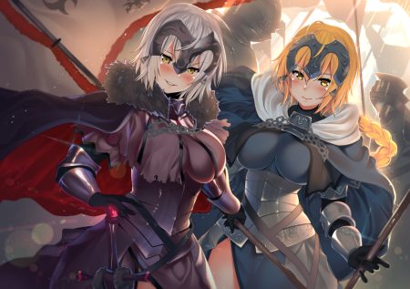 aliasing armor blonde hair blush braids breasts cape dress fate/grand order fate (series) gloves gray hair jeanne d'arc alter jeanne d'arc (fate) kawai (purplrpouni) long hair ponytail short hair sword weapon yellow eyes