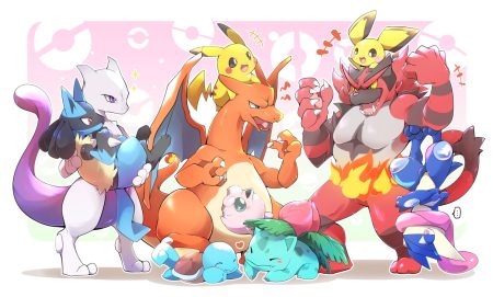 azuma minatsu charizard greninja group incineroar ivysaur jigglypuff lucario mewtwo no humans pichu pikachu pokemon squirtle
