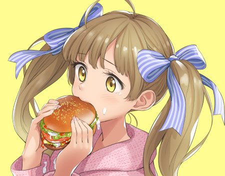 blush bow brown hair close food hakozaki serika hood idolmaster idolmaster million live! long hair ribbons tears twintails waifu2x yellow yellow eyes yoropa
