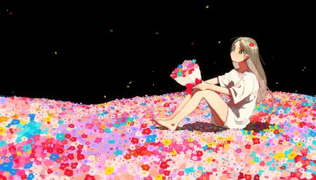 barefoot black brown eyes brown hair flowers kumo (tobattiriuntexi) long hair original sketch