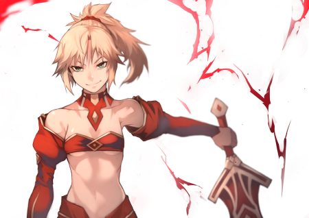 55level blonde hair breasts fate/grand order fate (series) green eyes long hair mordred navel ponytail sword underboob weapon white