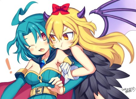 2girls aqua hair aru (majin shoujo) bajel blonde hair blush bow brave dungeon breasts cape cleavage feathers gloves horns hug iroyopon long hair majin shoujo orange eyes red eyes short hair signed wings wink