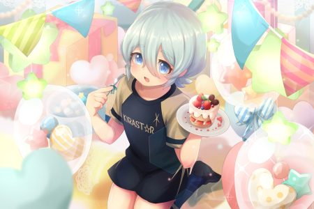 all male aqua eyes cake food fruit gray hair inazuma eleven kneehighs male nebumochi otoko no ko saotome seiya short hair shorts strawberry