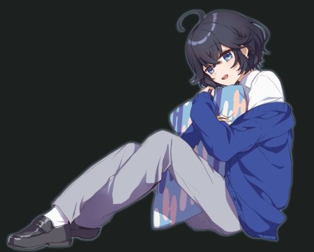 all male black hair blue eyes hug izumo kasumi (nijisanji) male nijisanji school uniform shirt short hair socks waifu2x yama bukiiro