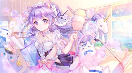animal animal ears anthropomorphism azur lane bow bubbles cat catgirl choker dress headdress irisrey long hair maid purple eyes purple hair ribbons tail unicorn (azur lane)