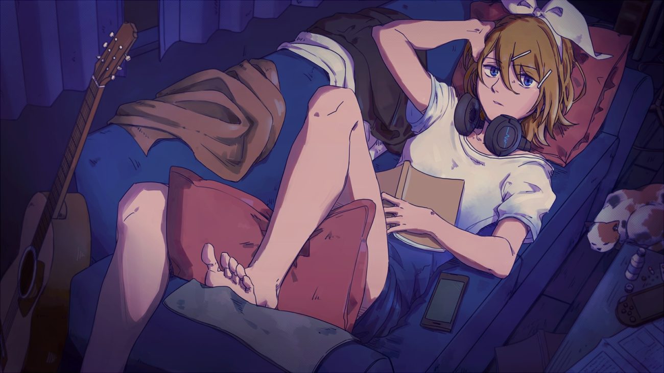animal barefoot blonde hair blue eyes book cat couch dark game console guitar headband headphones instrument kagamine rin phone short hair underl vocaloid