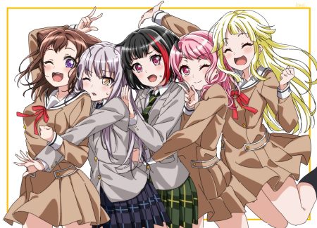 bang dream! black hair blonde hair brown hair dress gray hair group hari611 hug kneehighs long hair maruyama aya minato yukina mitake ran pink eyes pink hair purple eyes ribbons school uniform short hair skirt toyama kasumi tsurumaki kokoro wink yellow eyes