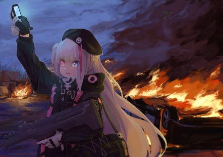 anthropomorphism bicolored eyes car clouds dark fire girls frontline gloves gsong-chan gun hat hood long hair mdr (girls frontline) night phone ponytail sky weapon white hair