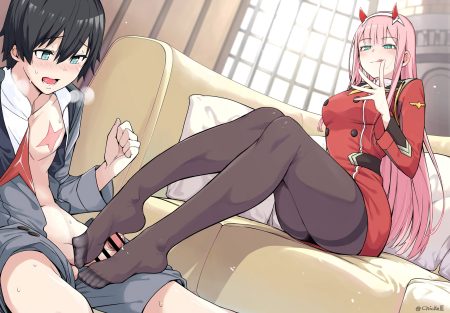 aqua eyes black hair blush censored chicke iii couch cum darling in the franxx dress footjob green eyes headband hiro (darling in the franxx) horns long hair male open shirt pantyhose penis pink hair scar short hair signed uniform zero two