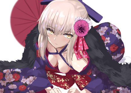 artoria pendragon (all) blonde hair breasts fate/grand order fate (series) japanese clothes kesoshirou kimono no bra saber saber alter short hair yellow eyes