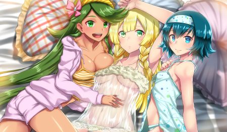aqua eyes bed blonde hair blush breasts cleavage dark skin green eyes green hair lillie (pokemon) long hair mao (pokemon) no bra panties pokemon see through short hair shorts suiren (pokemon) takecha underboob underwear