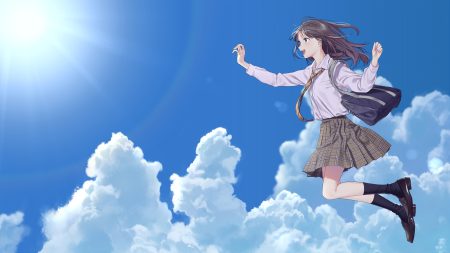 aiko (aiko 54) brown hair clouds green eyes kneehighs long hair original school uniform sky tie