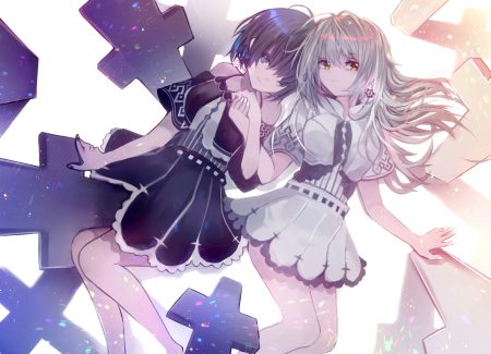 2girls black hair blue eyes cross dress long hair orange eyes original short hair shoujo ai tarbo (exxxpiation) white hair