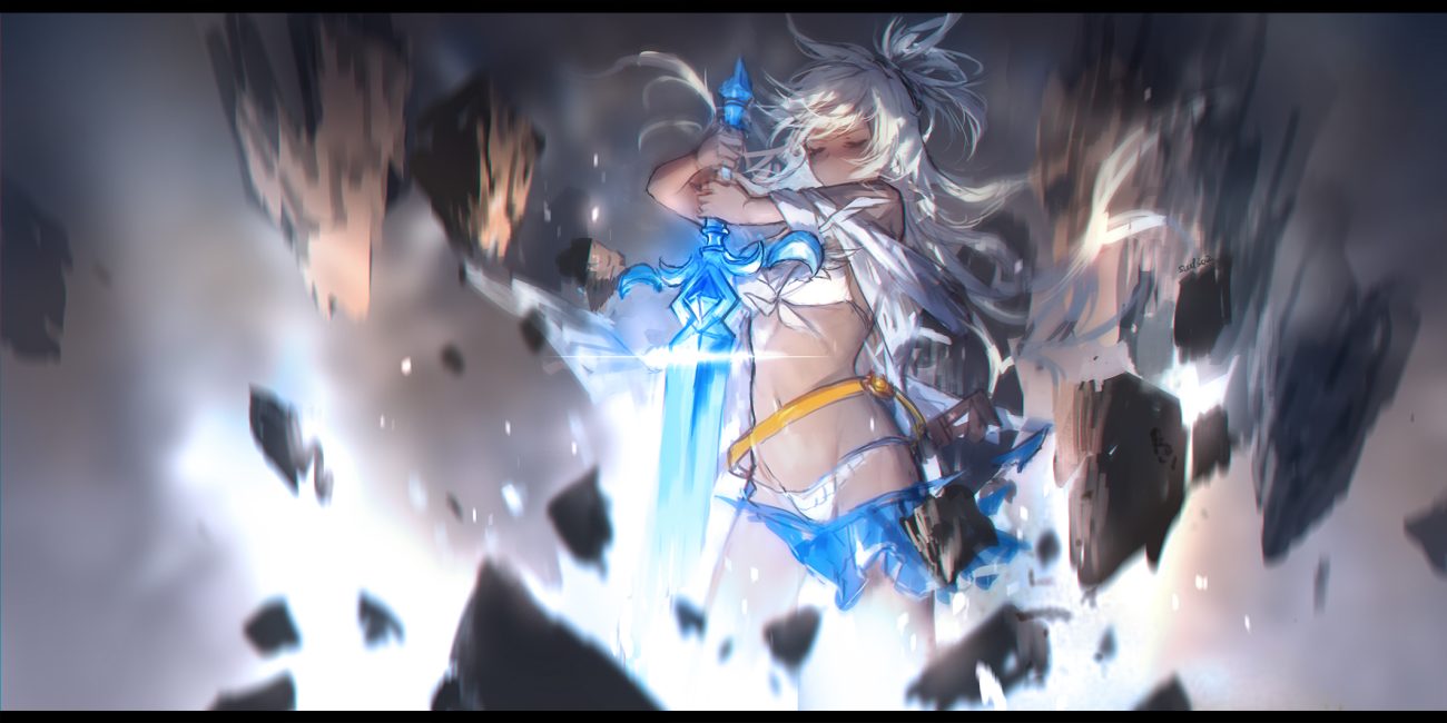 bikini dark skin granblue fantasy long hair signed sketch swd3e2 swimsuit sword weapon white hair zooey (granblue fantasy)