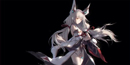 animal ears black breasts catgirl cleavage gloves japanese clothes long hair niyah (xenoblade) orange eyes signed sketch swd3e2 white hair xenoblade