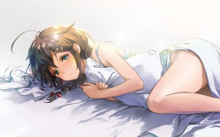 888myrrh888 anthropomorphism bed blush braids brown hair green eyes kantai collection long hair ponytail shigure (kancolle)