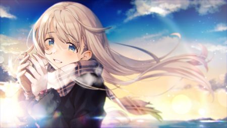 blonde hair blue eyes close clouds gloves long hair original scarf sky veryberry00