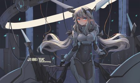 blue eyes bodysuit gray hair long hair mechagirl original pointed ears sima naoteng twintails watermark