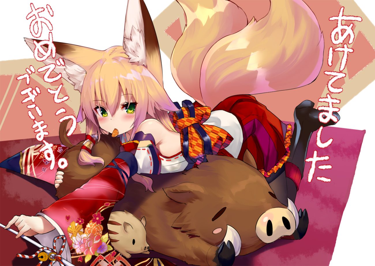 animal ears blonde hair blush boots foxgirl green eyes haik japanese clothes kokonoe tsubaki long hair miko multiple tails original pantyhose skirt tail
