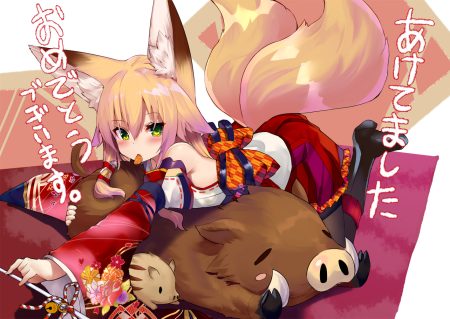 animal ears blonde hair blush boots foxgirl green eyes haik japanese clothes kokonoe tsubaki long hair miko multiple tails original pantyhose skirt tail