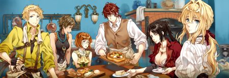 aqua eyes benedict blue black hair blonde hair breasts brown hair cattleya baudelaire cheese kang claudia hodgins cleavage erica brown food glasses gloves group iris cannary male necklace ponytail red hair short hair towel violet evergarden violet evergarden (character) wink wristwear