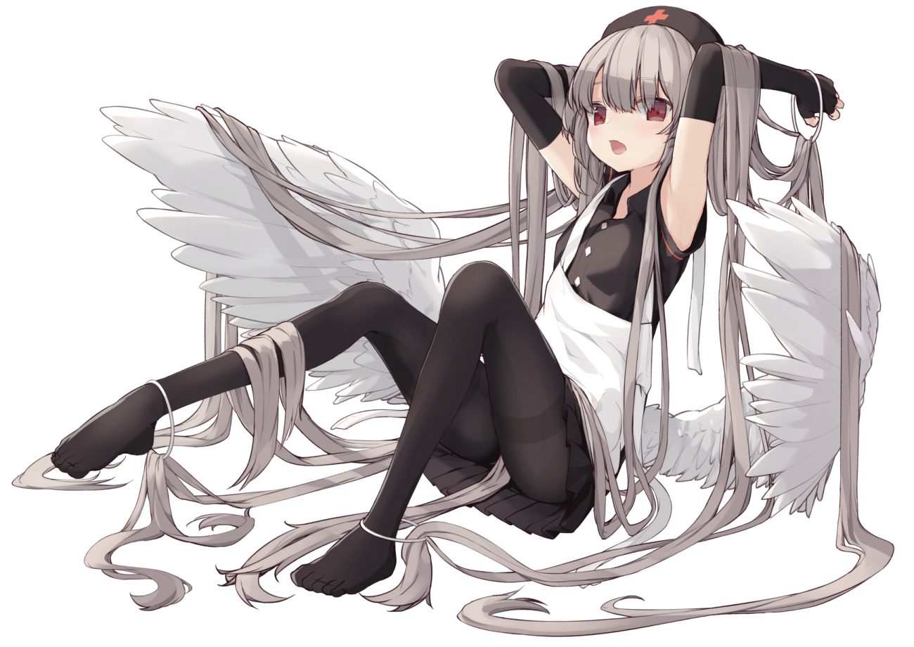 angel apron elbow gloves gloves gray hair headdress loli long hair nurse original pantyhose paryi red eyes skirt white wings