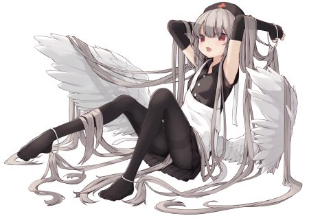 angel apron elbow gloves gloves gray hair headdress loli long hair nurse original pantyhose paryi red eyes skirt white wings
