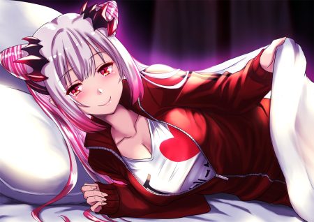 akai kagerou bed breasts cleavage demon gray hair honey strap long hair red eyes suou patra