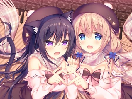 2girls animal ears aqua eyes black hair blonde hair blush bow breasts candy catgirl chocolate cleavage fang hat long hair original purple eyes scarf skirt sorai shinya tail traene (sorai shinya) twintails waifu2x