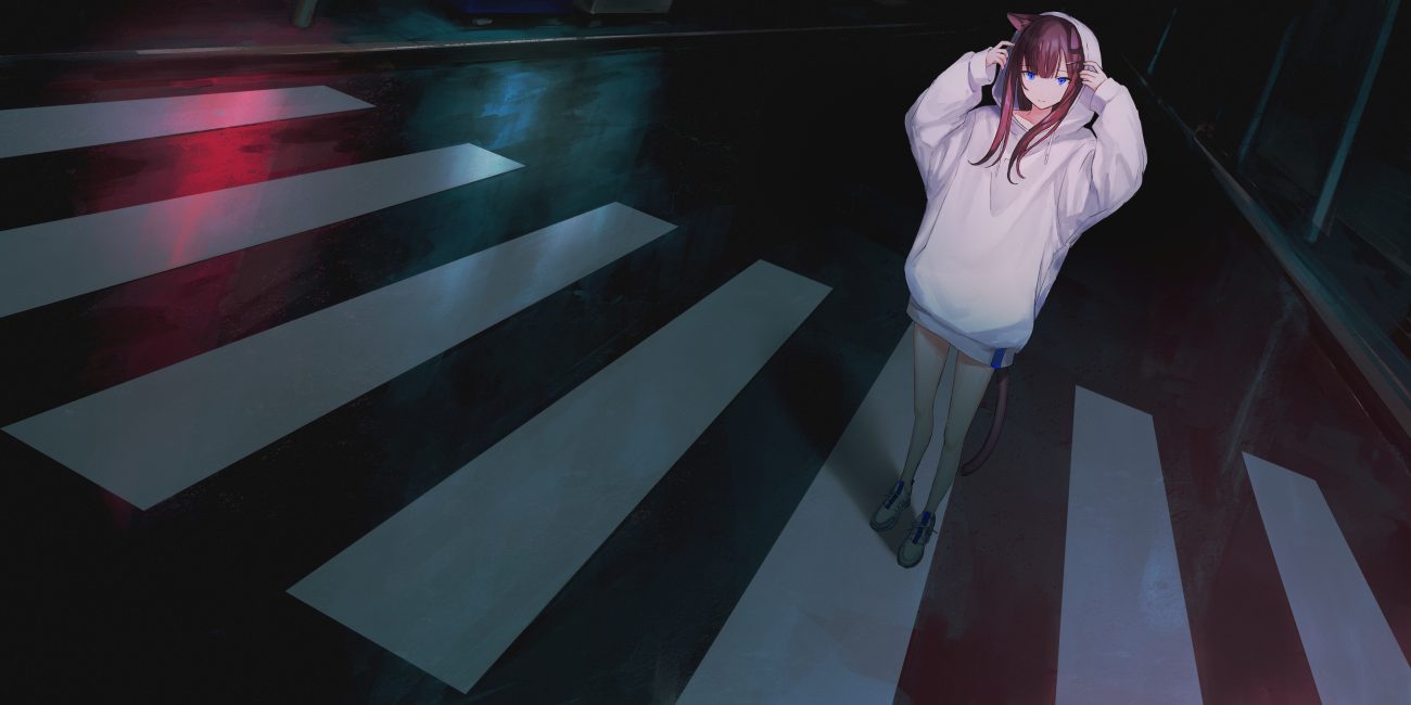 aliasing animal ears blue eyes brown hair catgirl dark hn kn hood long hair night original tail