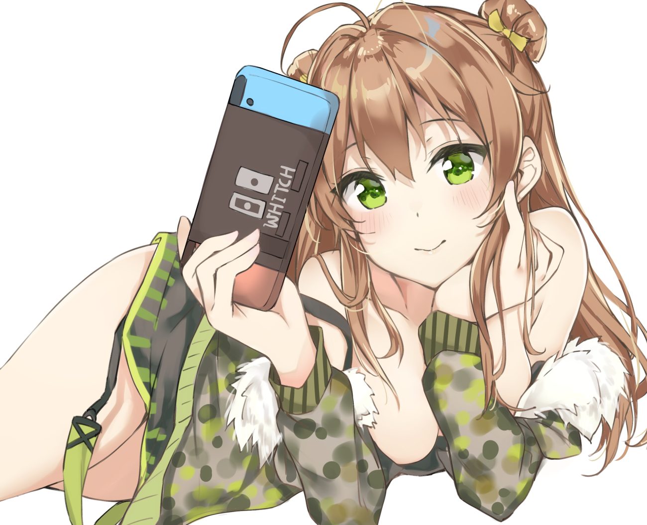 anthropomorphism breasts brown hair game console girls frontline green eyes long hair no bra rfb (girls frontline) tetora (yumejihuka)