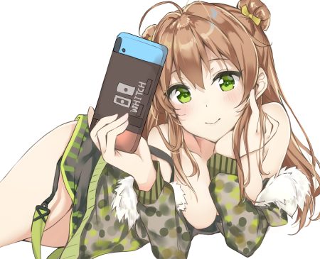 anthropomorphism breasts brown hair game console girls frontline green eyes long hair no bra rfb (girls frontline) tetora (yumejihuka)